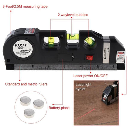 Laser Level Tool with 250cm Tape Measure for Hanging Projects showing tape, vials, ruler, laser beam and power switch
