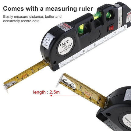 Laser Level Tool with 250cm Tape Measure for Hanging Projects – black multi-beam laser level with 250cm measuring tape extended