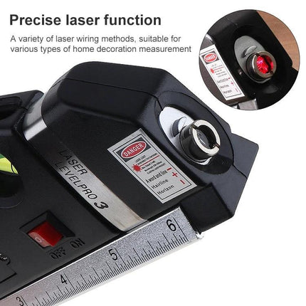 Laser Level Tool with 250cm Tape Measure for Hanging Projects showing laser beam, integrated 250cm tape and measurement markings