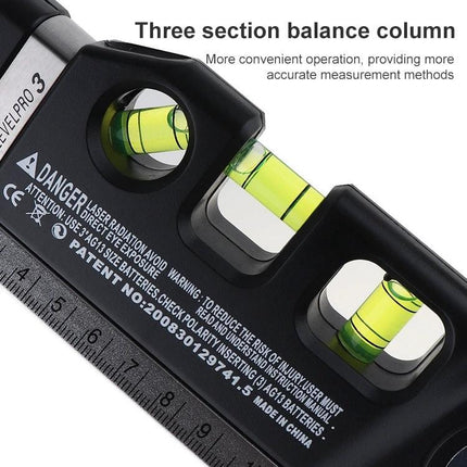 Laser Level Tool with 250cm Tape Measure for Hanging Projects showing three-section bubble vials and integrated ruler for precise alignment