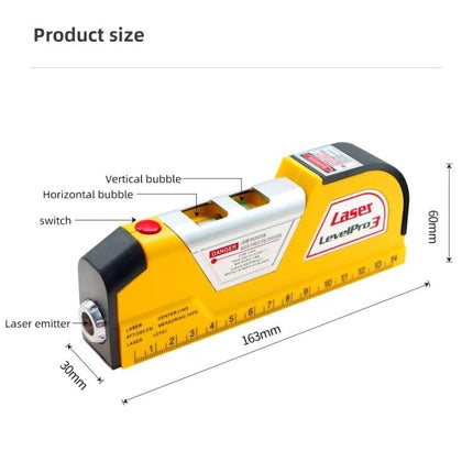 Laser Level Tool with Built-in Tape Measure for Precision Projects compact yellow device showing bubbles, laser emitter and measurement markings
