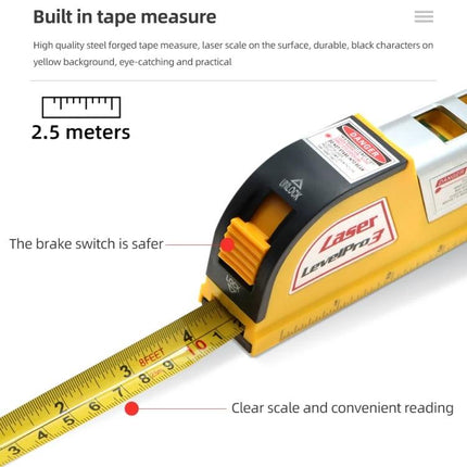 Laser Level Tool with Built-in Tape Measure for Precision Projects compact yellow level with 2.5m tape and brake switch