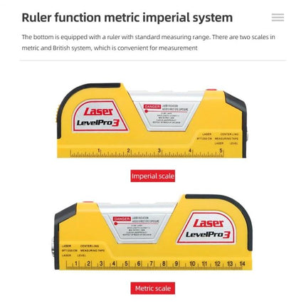Laser Level Tool with Built-in Tape Measure for Precision Projects showing imperial and metric ruler scales on yellow LevelPro3 device