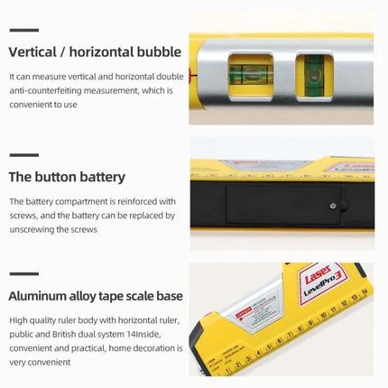 Laser Level Tool with Built-in Tape Measure for Precision Projects showing bubble vials, battery compartment, and aluminum tape scale