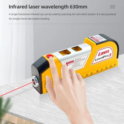 Laser Level Tool with Built-in Tape Measure for Precision Projects — compact yellow laser level with built-in tape being used to align a shelf
