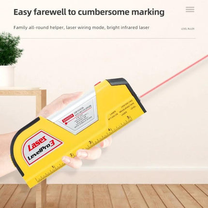 Laser Level Tool with Built-in Tape Measure for Precision Projects handheld yellow laser level projecting red line, built-in tape and ruler
