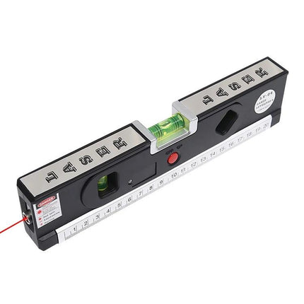 Laser Level with Tape Measure and LED Light for Projects showing 1m tape, bubble vial, red laser spot and LED button on black level