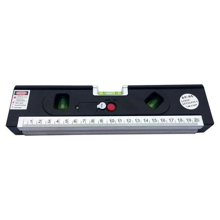 Laser Level with Tape Measure and LED Light for Projects showing 1m retractable tape, bubble vials and LED illumination for precise shelf, tile and picture placement