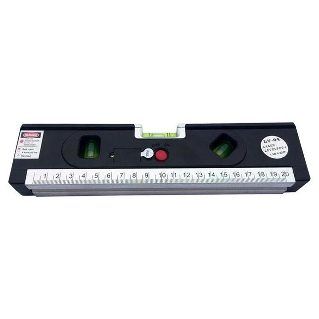 Laser Level with Tape Measure and LED Light for Projects showing 1m retractable tape, bubble vials and LED illumination for precise shelf, tile and picture placement
