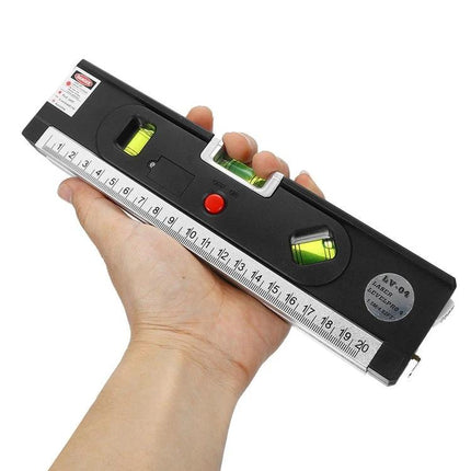 Laser Level with Tape Measure and LED Light for Projects handheld tool showing bubble vials, 1m retractable tape and red laser button for home DIY