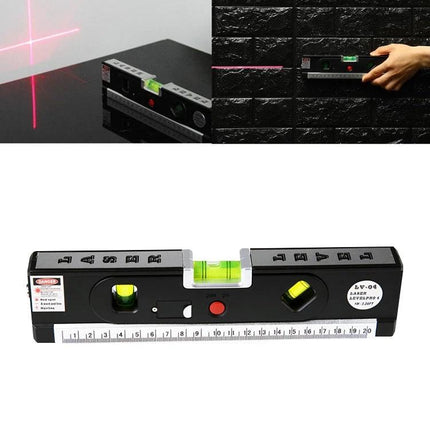 Laser Level with Tape Measure and LED Light for Projects showing red laser lines, bubble vials and 1m retractable tape for wall alignment