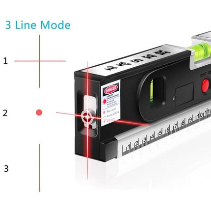 Laser Level with Tape Measure and LED Light for Projects showing 3-line laser mode, visible bubble vial, retractable 1m tape and red spot beam
