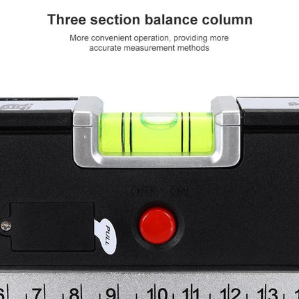 Laser Level with Tape Measure and LED Light for Projects showing bubble vial, red power button and 1m retractable tape
