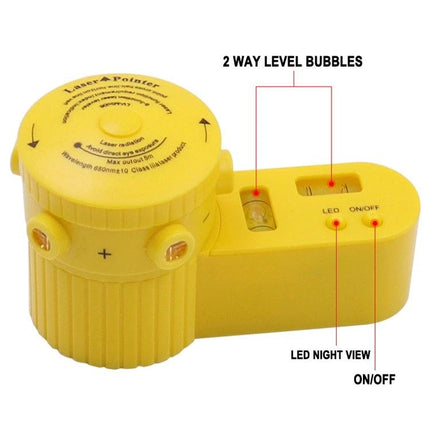 Versatile Laser Level for DIY Alignment and Mounting Tasks - compact yellow unit with 2-way level bubbles, LED night view, laser point indicator and ON/OFF controls