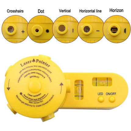 Versatile Laser Level for DIY Alignment and Mounting Tasks showing multiple laser modes (crosshairs, dot, vertical, horizontal) and bubble vial controls