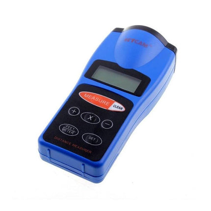 Handheld Laser Distance Measurer for Everyday Home Projects — blue compact device with LCD and measure button for quick home measurements