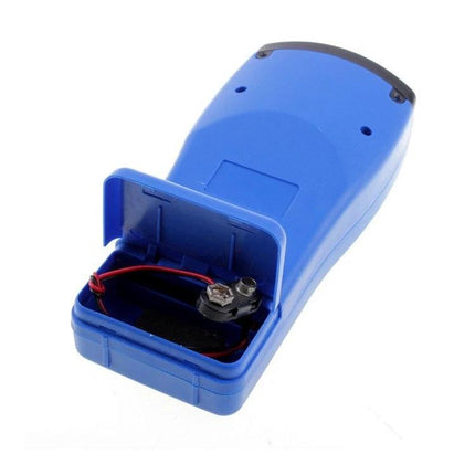 Handheld Laser Distance Measurer for Everyday Home Projects compact blue unit with open battery compartment and 9V snap connector