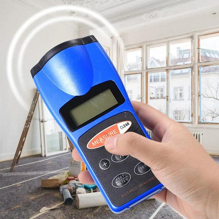 Handheld Laser Distance Measurer for Everyday Home Projects - blue device measuring room distance for home improvement tasks