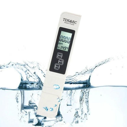 Digital TDS and EC Meter for Water Quality Testing white handheld meter measuring TDS, EC and temperature in water