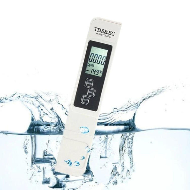 Digital TDS and EC Meter for Water Quality Testing white handheld meter measuring TDS, EC and temperature in water