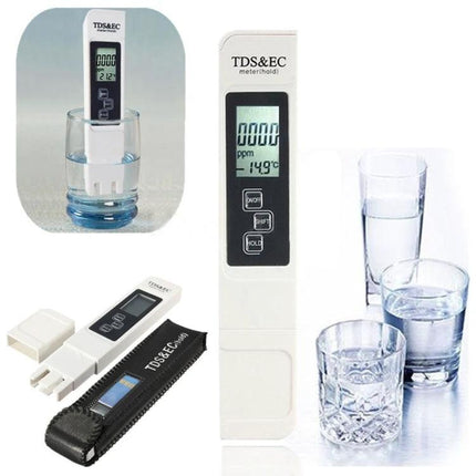 Digital TDS and EC Meter for Water Quality Testing showing handheld meter, probe cap, and glasses of tested water