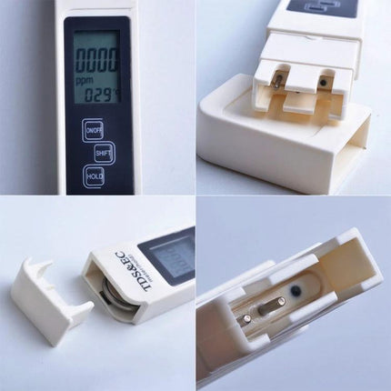Digital TDS and EC Meter for Water Quality Testing showing LCD display, buttons and probe close-ups for home water, purifier and hydroponic checks