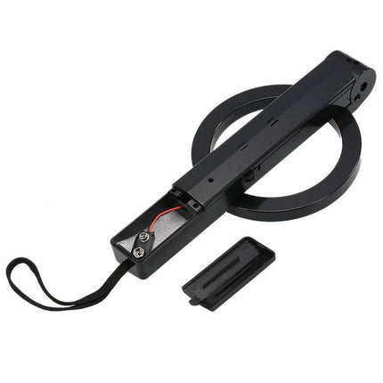 Portable Folding Hand-Held Security Metal Detector for Public Safety black folding handheld detector with wrist strap and open battery compartment
