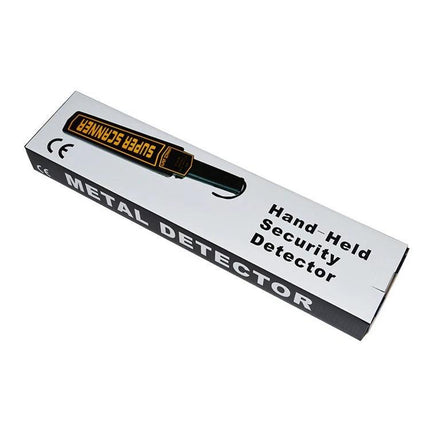 Portable Hand-Held Metal Detector for Security Screening handheld unit on white box showing ‘Metal Detector’ packaging