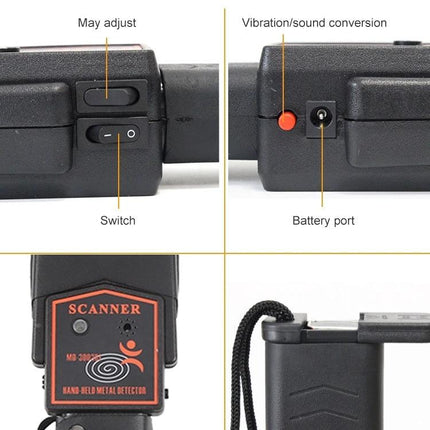 Hand-Held Metal Detector for Security Screening and Crowd Control - MD-3003B1 close-up of switch, battery port, vibration toggle and scanner label