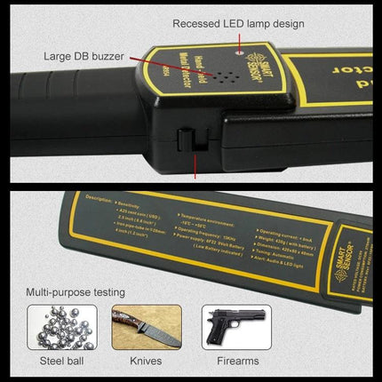 Compact Handheld Metal Detector for Security and Daily Checks, lightweight handheld unit with vibration/mute, recessed LED and large buzzer