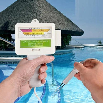Portable Swimming Pool pH and Chlorine Level Tester for Home Use handheld device checking pool water pH and Cl2 at backyard pool