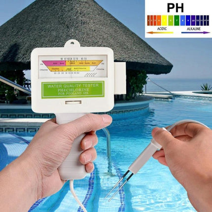 Portable Swimming Pool pH and Chlorine Level Tester for Home Use showing handheld tester measuring pool water pH and chlorine levels