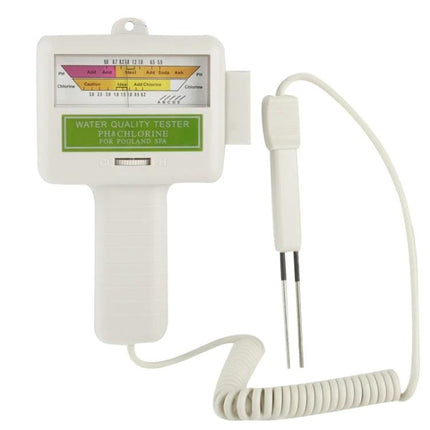 Portable Swimming Pool pH and Chlorine Level Tester for Home Use - handheld water quality meter showing pH and Cl2 probes for pool maintenance