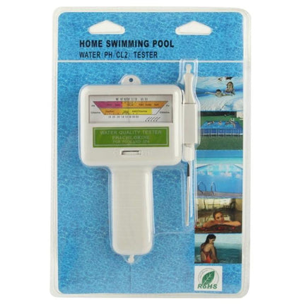 Portable Swimming Pool pH and Chlorine Level Tester for Home Use handheld device in blister pack showing pH and Cl2 scale