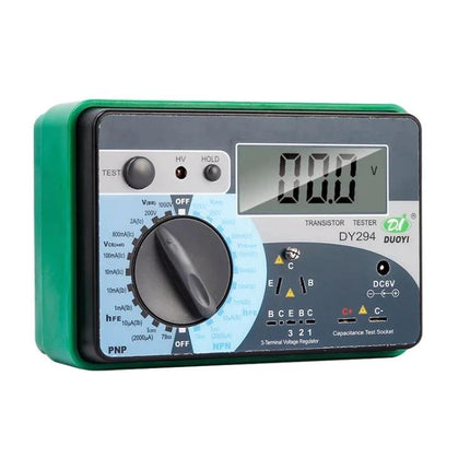 Handheld Digital Tester for Transistors and Semiconductors showing DY294 device with dial, LCD readout and test sockets for diodes, transistors, and semiconductors