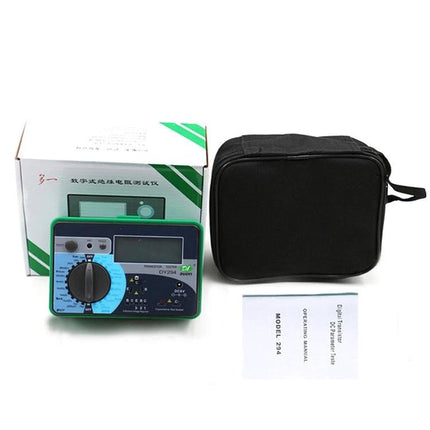 Handheld Digital Tester for Transistors and Semiconductors showing device, carry case, box and manual
