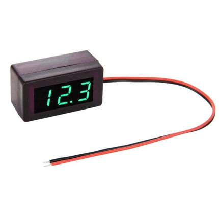 Compact Mini Digital Voltage Meter for DC Power Monitoring showing 12.3V reading with red and black leads for hobbyist and technician use
