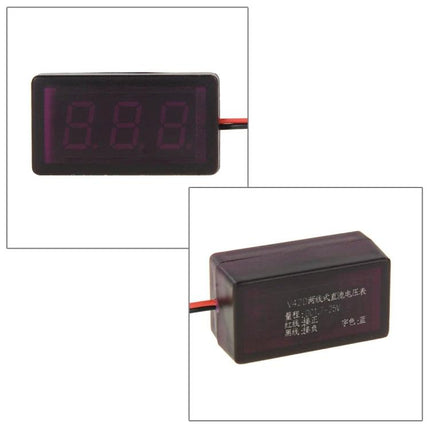 Compact Mini Digital Voltage Meter for DC Power Monitoring black rectangular panel meter with red/black wires, front LED display and rear label