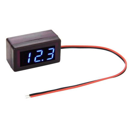 Compact Mini Digital Voltage Meter for DC Power Monitoring showing 12.3V blue LED readout with red and black wires