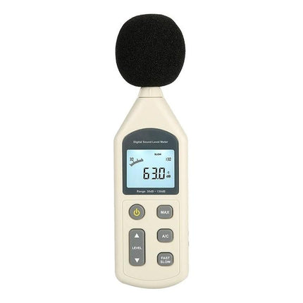 Compact Digital Sound Level Meter for Noise Monitoring at Home and Office handheld device showing 63.0 dB on screen