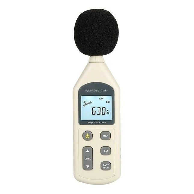 Compact Digital Sound Level Meter for Noise Monitoring at Home and Office handheld device showing 63.0 dB on screen