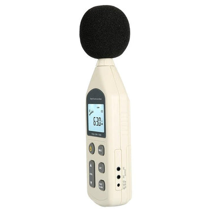 Compact Digital Sound Level Meter for Noise Monitoring at Home and Office showing handheld device with foam windscreen and LCD display