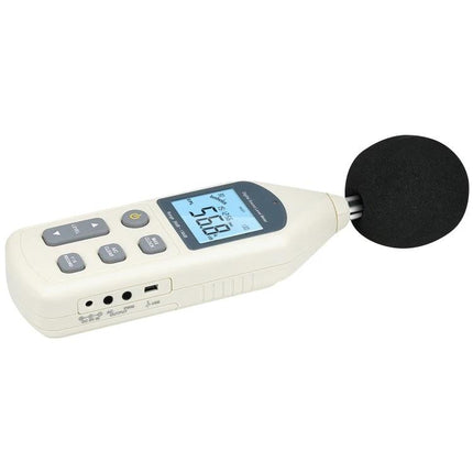 Compact Digital Sound Level Meter for Noise Monitoring at Home and Office handheld device measuring appliance noise with foam windscreen