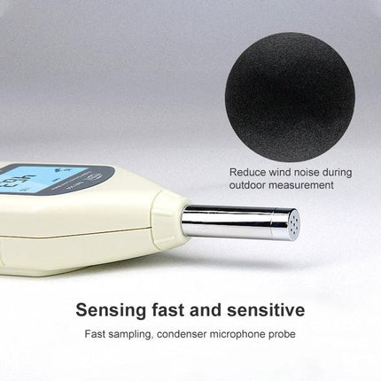 Compact Digital Sound Level Meter for Noise Monitoring at Home and Office shown with condenser microphone probe and windscreen for accurate home and office noise readings