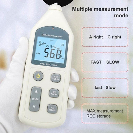 Compact Digital Sound Level Meter for Noise Monitoring at Home and Office handheld device showing 56.8 dB reading and control buttons