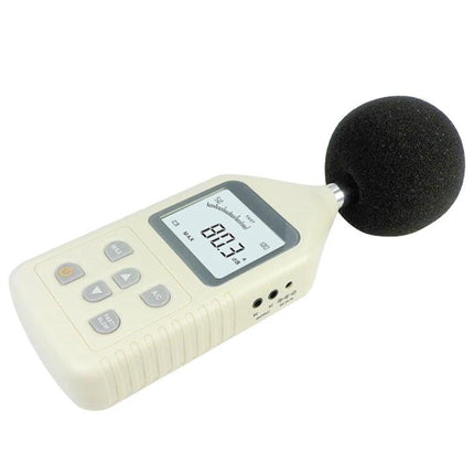 Digital Sound Level Meter for Everyday Noise Monitoring - handheld meter showing 80.3 dBA reading with foam windscreen