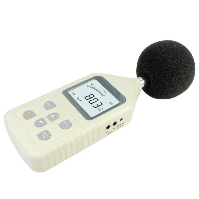 Digital Sound Level Meter for Everyday Noise Monitoring - handheld meter showing 80.3 dBA reading with foam windscreen