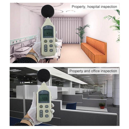 Digital Sound Level Meter for Everyday Noise Monitoring - handheld meter measuring 47.1 dBA in a waiting room and 53.3 dBA in an office