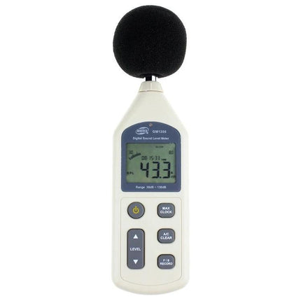 Handheld Digital Sound Level Meter for Environmental Noise Measurement showing 43.3 dB on LCD with foam windscreen and control buttons