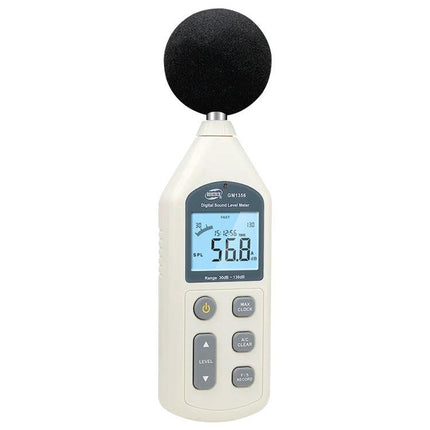 Handheld Digital Sound Level Meter for Environmental Noise Measurement showing digital display reading 56.8 dB with windscreen microphone